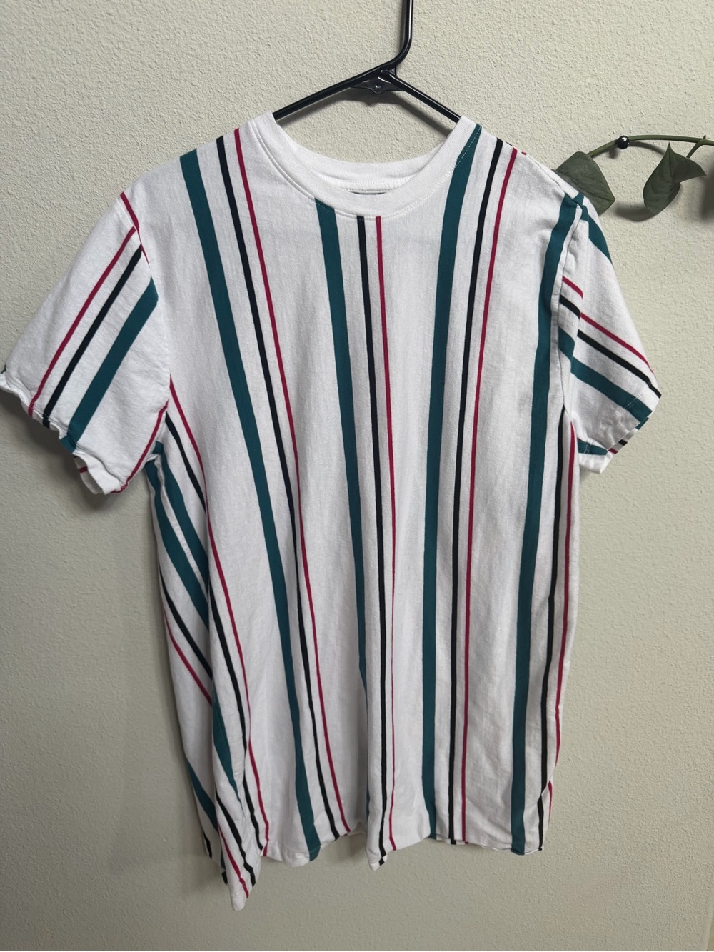NWOT White Short Sleeve Stripe Tee with Teal & Maroon Accents